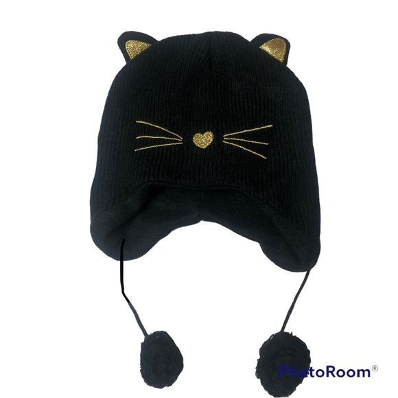 Cat Hat Women’s Teens Black & Glittery Gold Beanie Ear Flaps Pom-Pom Tassles - Picture 1 of 6